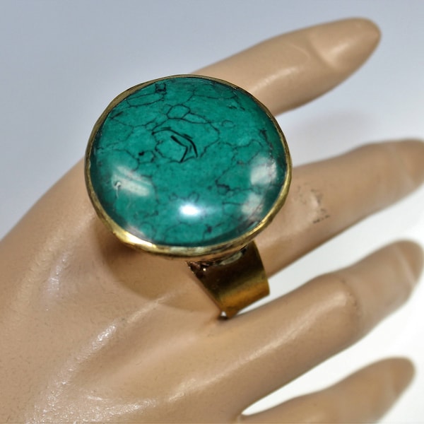 Huge Tribal Ring with Green Stone, Diameter 18 mm, US Size 7 3/4, Bohemian Tribal Fusion Costume Cosplay Theatre Jewelry