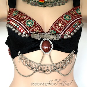 Tribal Bra Size EUR 80C, US 36C, CA 36C, Burgundy on Black Velvet with Silvertone Metal Ornaments, Ats, Tribal Fusion, Tribal Style Dance