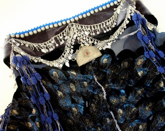 Wide Bluegrey Velvet Tribalbelt with Peacock Hipscarf with Fringes, 100 cm / 39.3 inch Hipcircumference