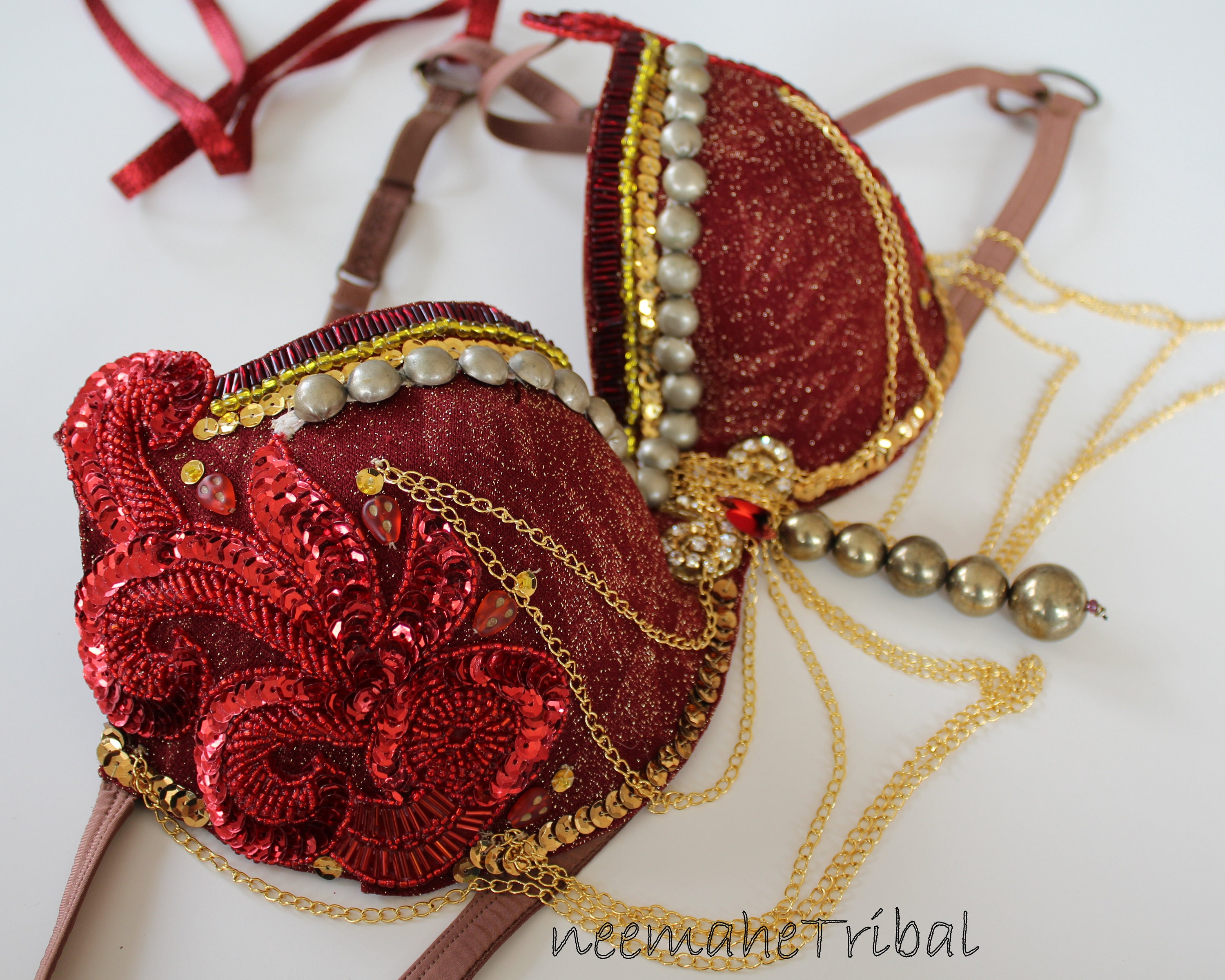 Red and Gold Shimmering Tribal Fusion Bellydance Bra, Size 75D, US34C-D, UK34D