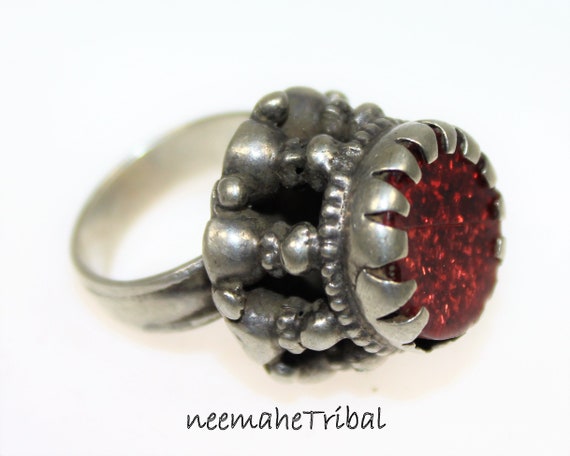 Silver Afghan Kuchi Tribal Ring with Red Glass St… - image 1