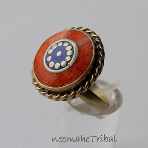 Tibet Ring with Faux Amber and Lapis Lazuli, US Size 10