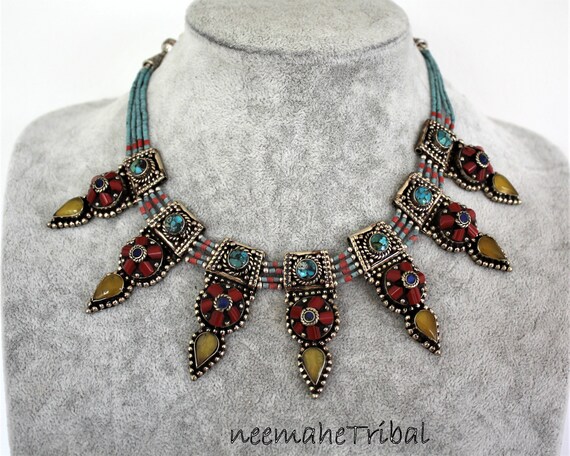 Lapis /& Coral Inlays Bohemian Necklace Handmade Necklace Ethnic Tibetan Handmade Necklace with Turquoise