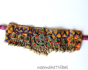 Alter gelb-blauer Tribal Nomaden-Kopfschmuck; 8524.1