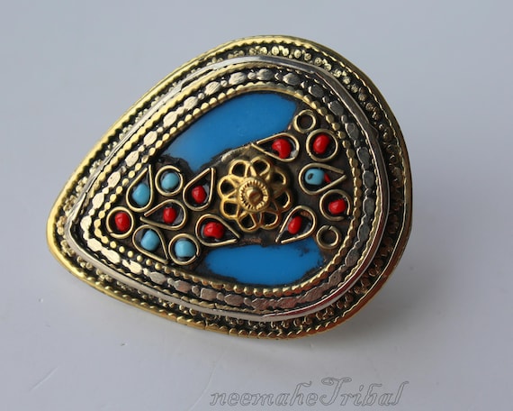 Big Turquoise Triangular Laghman Ring, US Size 6 … - image 2