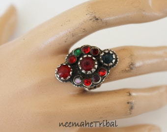 Tribal Silver Ring, US 8, Vintage Afghan Kuchi Nomad Handmade Ring with Glass Jewels, Colorful Nomad Tribal Fusion Jewelry, Gift for her