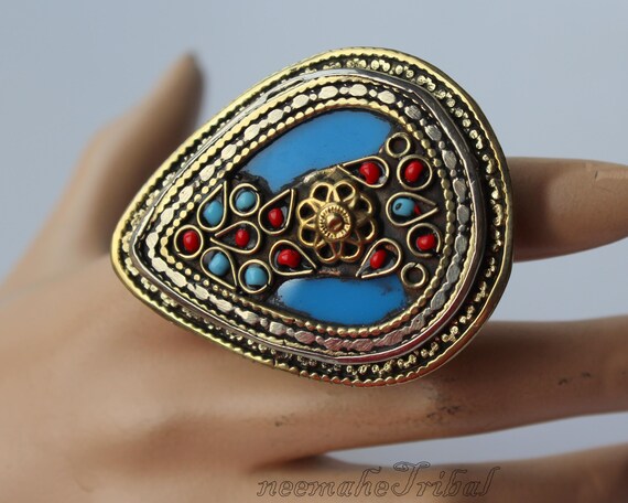 Big Turquoise Triangular Laghman Ring, US Size 6 … - image 6