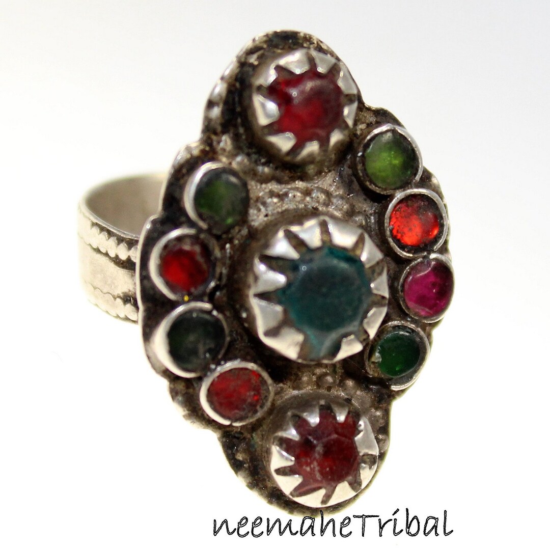 Bague Tribale Tibétaine Ancienne - Argent Massif Et Ambre - Taille 58,7mm (US 9) - Période 1900-1949