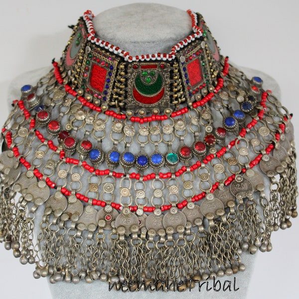 Grand tour de cou tribal, collier nomade Kuchi vintage, bijoux de fusion tribale de danse du ventre, bijoux ethniques, bijoux nomades ; 26223.12-Vor2