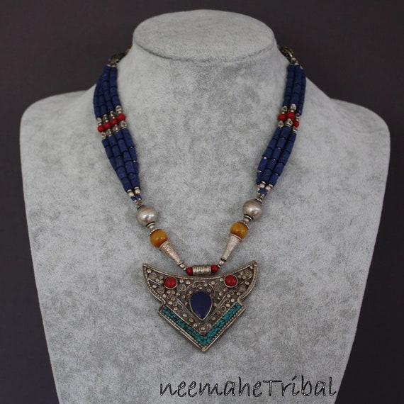 Handmade Ethnic Silvertone Tibetan Necklace with … - image 3