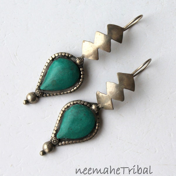 Rare Afghan Silver Earrings with Green Stones