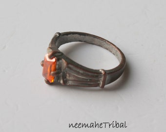 Silvertone Ring with Orange Jewel, US Size 9 1/2