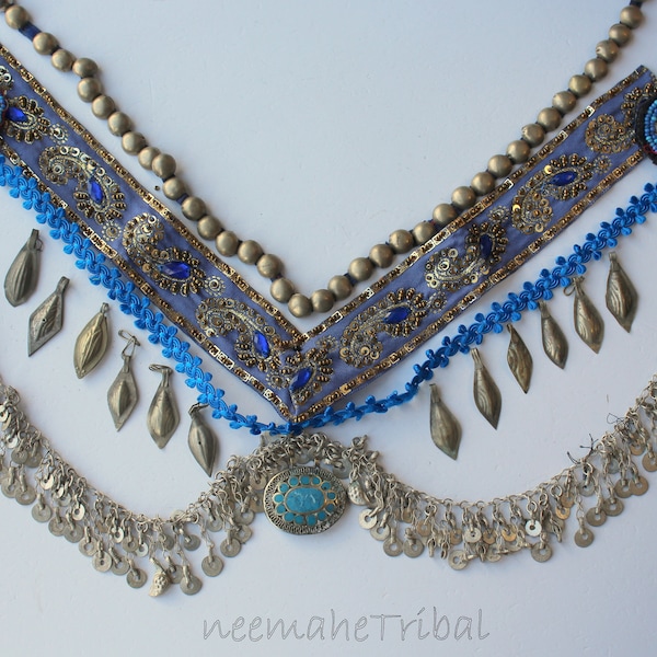 Blue Tribal Bra DIY-Kit with Metal Fringe Chain and Turquoise Kuchi Pendant