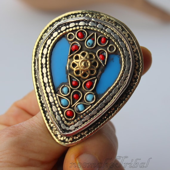 Big Turquoise Triangular Laghman Ring, US Size 6 … - image 1