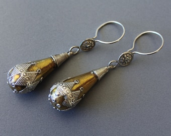 Vintage Turkmen Gilded Silver Tribal Earrings Teadrop-shaped, Goldwashed Earrings, Tribal Jewelry