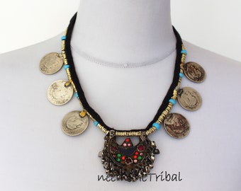 Tribal Halskette mit Vintage Kuchi Anhänger und Tribalmünzen, Nomadenhalskette, Tribal Fusion Schmuck: 24319.2