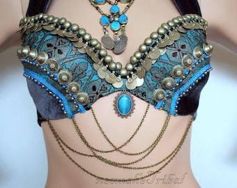Steelblue Velvet Tribal Bra Eu Size 80C, US 36B-C, UK 36C with Turquoise Sari Border and Brasstone Metal Ornaments, ATS Bra