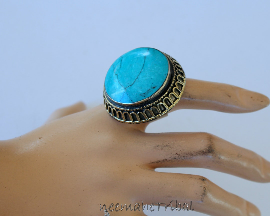 Hippie Rock Rings Big Boho Hippie Ring With Artificial Marbled Turquoise Stone, US 8 - Etsy