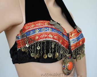 Black Velvet ATS Tribal-Bra with Orange-Blue Border, Size 75C, US Size 34B, OOAK