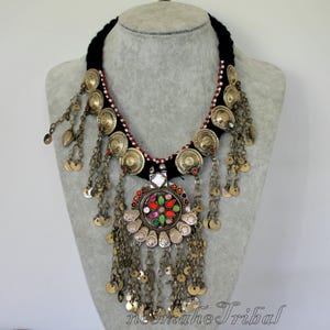 Big Tribal Necklace with Kuchi Pendant and Waziri Buttons, ATS Jewelry, Hippie Boho Necklace