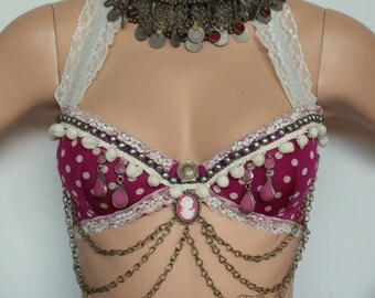 Pink Dotted Party Tribal Fusion Bra, Cup Size 75B, US 34B, CA 34B,