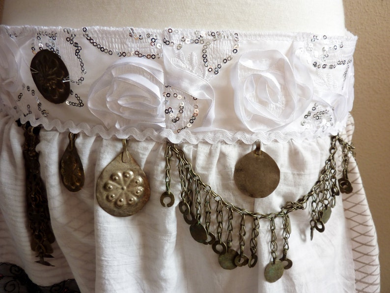 White with Black Border Tribal Fusion Hipscarf White Tribal Skirt OOAK Handmade ATS Cosplay Belldance Hip Scarf