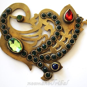 Big Goldtone Ornament with Green Rhinestones, 10 x 7,5 cm / 3.93 x 2.75  in