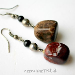 Earrings with Natural Brown Stone and Small Onyx Bead OOAK, Handmade Earrings