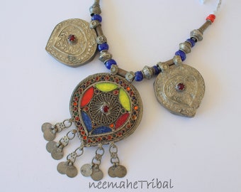 Collier Vintage Cachemire Ethno Nomad avec trois énormes pendentifs