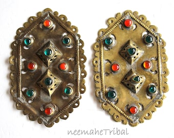 1 Pair Brasstone Turkmen Ornaments with Jewels, 9 x 5,5 cm / 3.54 x 2.16 ", Tribal Fusion Belt Buckles