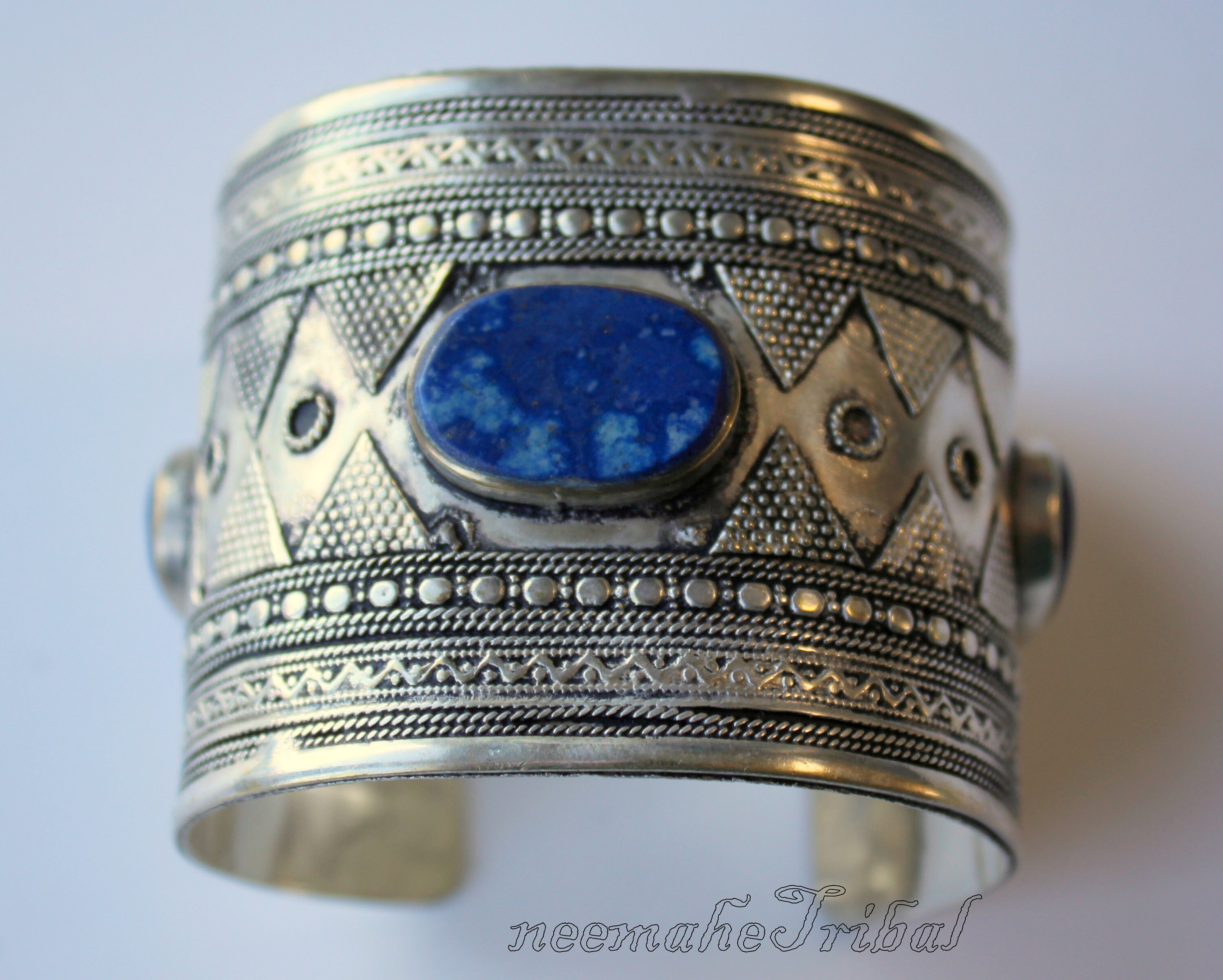 Big Kazakh Style Bracelet with Lapis Lazuli Gemstones, Tribal Nomad Jewelry