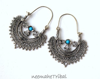 Crescent Tribal Earrings with Turquoise Jewels