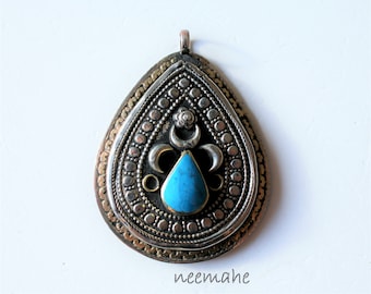 Afghan Teardrop Pendant with Colored Resin Stone, Big Metal Pendant