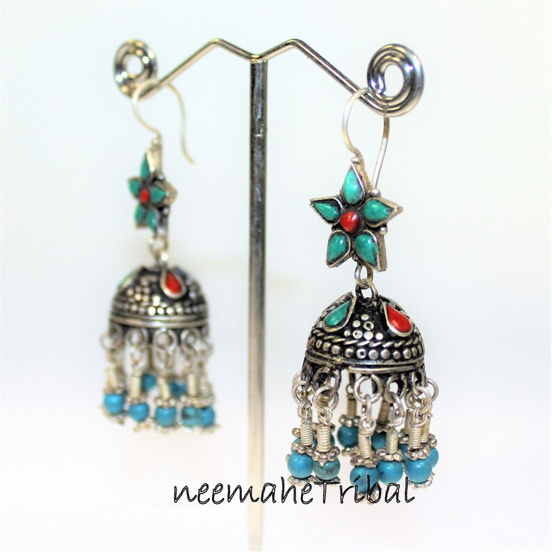 Central Asia Boho Hippie Statement Bukharai Design Turkoman Silver Earrings from Afghanistan Silk Road Jewelry Ethnic Earrings