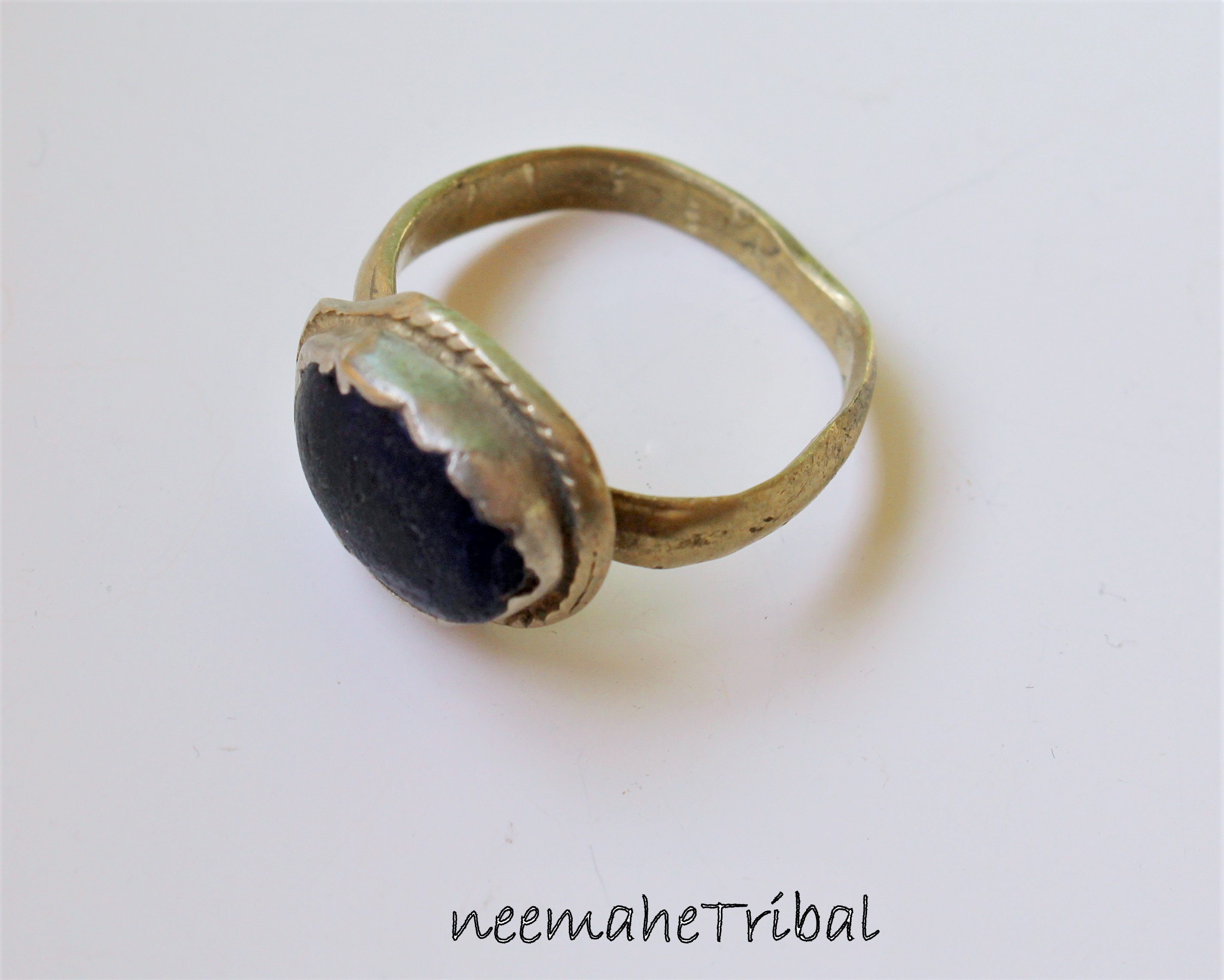Old Afghan Ring with Blue Glass Jewel, US 9 1/4