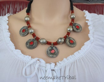 Kuchi Necklace with 5 Coins with Red Jewels