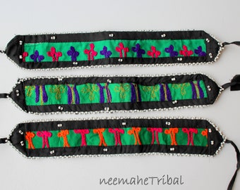 Green Embroidered and Lined Tribal Hairband or Choker Base DIY, Set of 3 Pieces