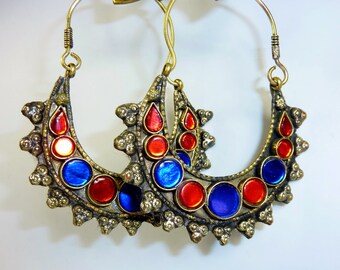 Afghani Tribal-Hoopearrings, Crescent Earrings, Vintage Tribal Earrings