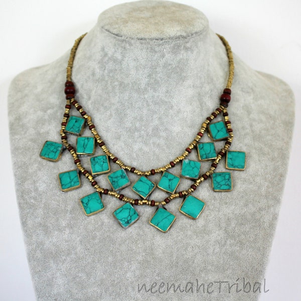 Afghan Tribal Necklace with Green Stones