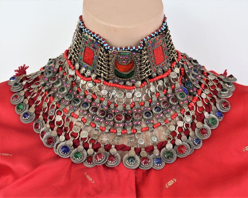 Vintage Kuchi Tribal-Choker with Red Orange and Green Glass Jewels Tribal Fusion Jewelry Handmade Nomad Kuchi-Choker