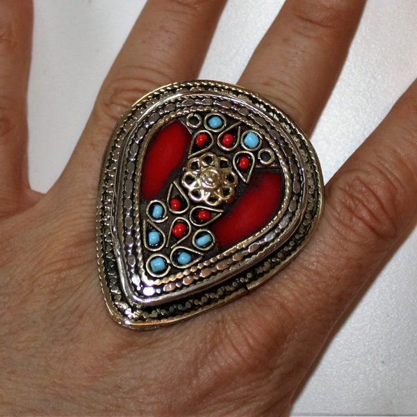 Big Red Vintage Laghman Tribal Ring, US Size 10 - 10,5, Boho-, Gypsy-, Hippie Ring