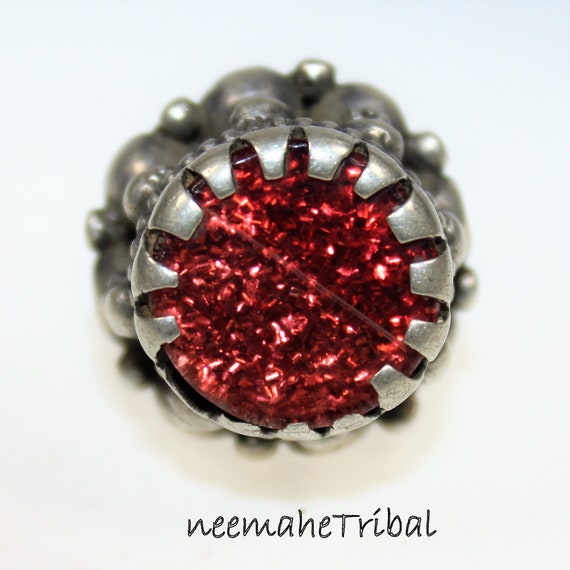 Silver Afghan Kuchi Tribal Ring with Red Glass St… - image 2