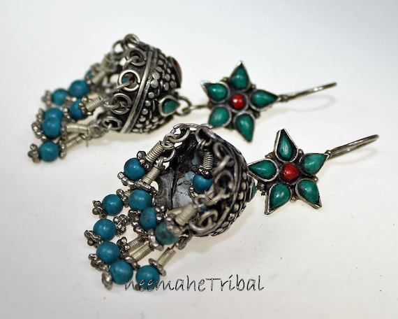 Central Asia Boho Hippie Statement Bukharai Design Turkoman Silver Earrings from Afghanistan Silk Road Jewelry Ethnic Earrings