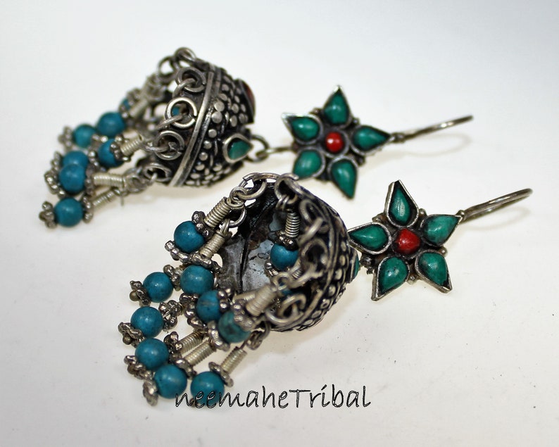 Central Asia Boho Hippie Statement Bukharai Design Turkoman Silver Earrings from Afghanistan Silk Road Jewelry Ethnic Earrings