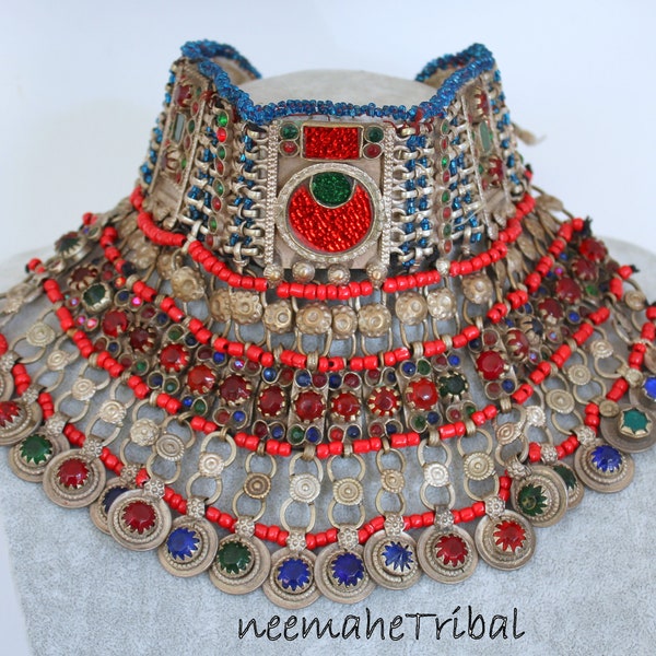 Kuchi Tribal-Choker Nomad Necklace with Glass Jewels