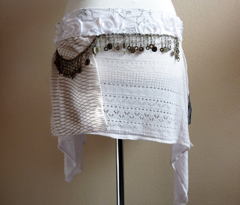 White with Black Border Tribal Fusion Hipscarf White Tribal Skirt OOAK Handmade ATS Cosplay Belldance Hip Scarf