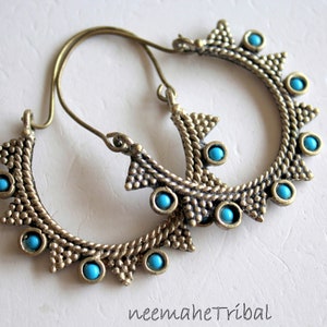 Afghan Tribal Hoop Earrings with Turquoise Beads