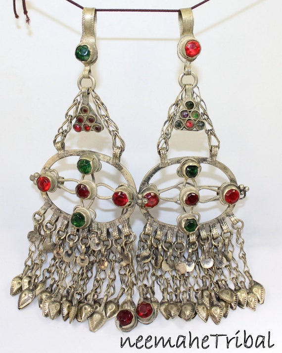 Pair of Kuchi-Tribal-Pendants with Pink and Green Jewels Kuchi Earrings with Bells Tribal Fusion