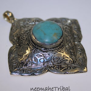 Silvertone Afghan Tribal Pendant with Floral Motifs and Stone