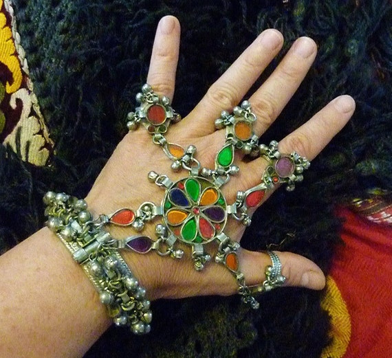 Tribal Kuchi Handflower with Colorful Stones, Trib